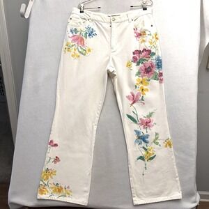 Ralph Lauren 14P Petite Floral painted wide leg jeans white mascarpone cream